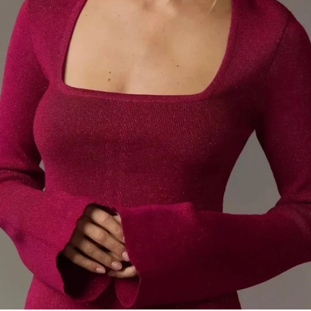 Maeve by Anthropologie NWT Square Neck Bell Sleeve Sweater Raspberry Sparkle - Picture 4 of 9